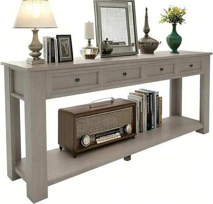 LKTART Solid Wood Console Table,Long Sofa Table Entryway Table with 4 Drawers and Bottom Shelf for Hallway Living Room Couch Table,Easy Assembled (63" Gray Wash)