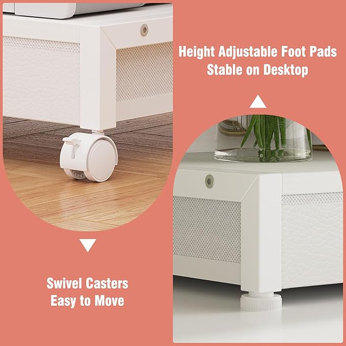 VENNQD 2-Tier Desktop Printer Stand with 2 Fabric Drawers, Prtiner Table with Storage Shelf, Desk Organizer for Home Office,3D Printer,Fax Machine,Scanner (White, 2 Tier)