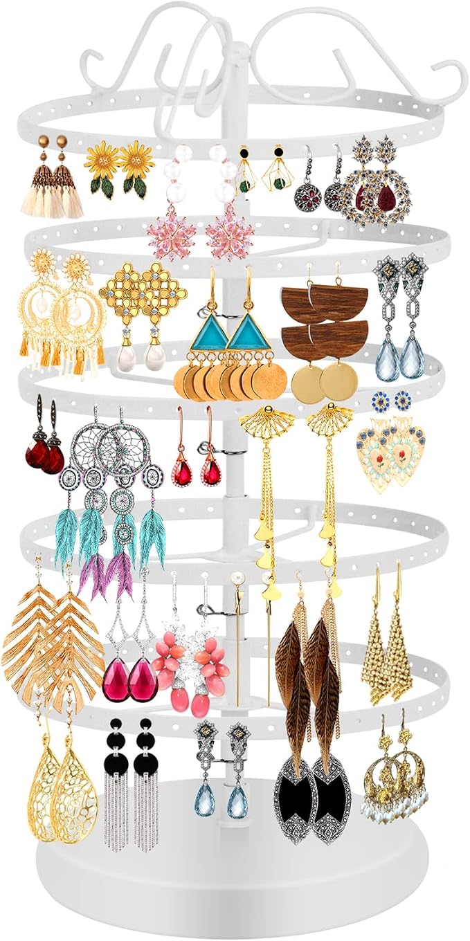 5 Tier 360 Rotating Earring Holder Organizer Stand, Jewelry Tree Rack, 220 Holes Display Storage for Stud Hoop Earrings, Vintage Metal Design, Space Saving Table Decor