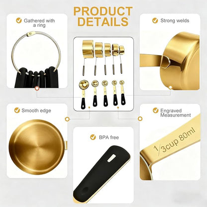 Measuring Cups and Spoons Set, Gold Electroplated Stainless Steel 10 Piece for Cooking and Baking (5 Cups + 5 Spoons Gold)