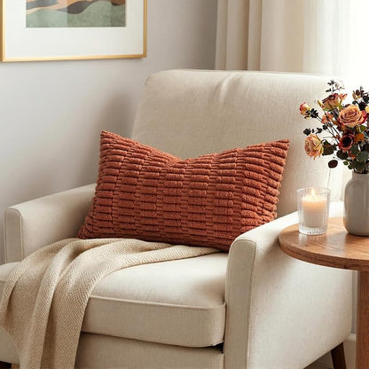 MIULEE Pack of 2 Rust Corduroy Decorative Lumbar Pillow Covers 20x12 Inch Soft Boho Striped Throw Pillow Covers Modern Farmhouse Home Decor for Summer Sofa Living Room Couch Bed
