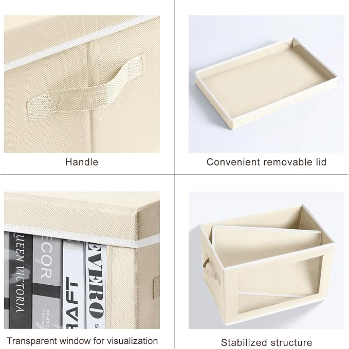 Homsorout Storage Boxes with Lids - 3 Pack Fabric Clear Window Storage Bins, Collapsible Storage Bins with Lids, Linen Closet Organizer for Clothes, Towel, Blanket, Beige