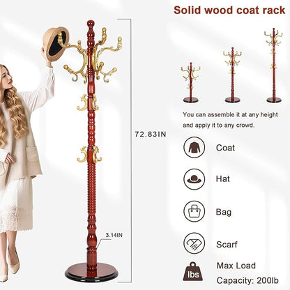 Coat Racks Freestanding, Natural Wood Coat Stands with 14 Hooks, 73" Heavy Duty Adjustable Height Vintage Hall Tree for Entryway, Bedroom, Office, Easy Assembly (Begonia)