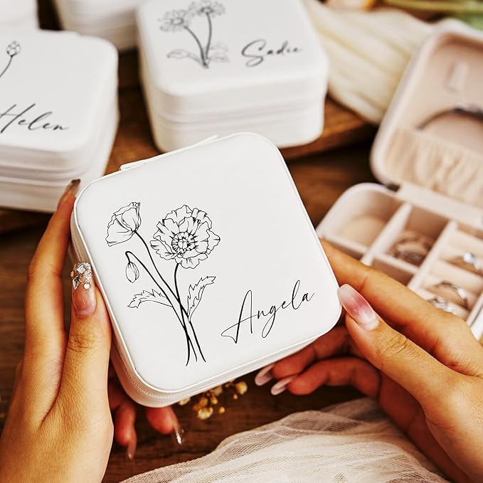 Personalized Jewelry Box, Custom Name Leather Jewelry Box with Birth Flower Small Travel Jewelry Case for Mothers Day Gifts, Birthday Gifts, Wedding Gifts for Women Mom Wife Girls