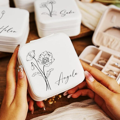 Personalized Jewelry Box, Custom Name Leather Jewelry Box with Birth Flower Small Travel Jewelry Case for Mothers Day Gifts, Birthday Gifts, Wedding Gifts for Women Mom Wife Girls