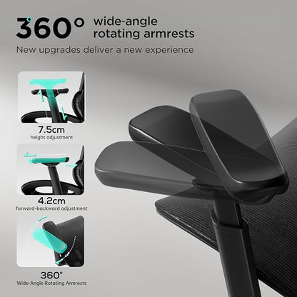 Hbada P2 Ergonomic Office Chair, Office Chair with 3D Lumbar Support, Mesh Chairs with 3D 360° Rotation Arms, 3D Headrest & Comfortable Seat, 135° Stepless Tilt Function, Black