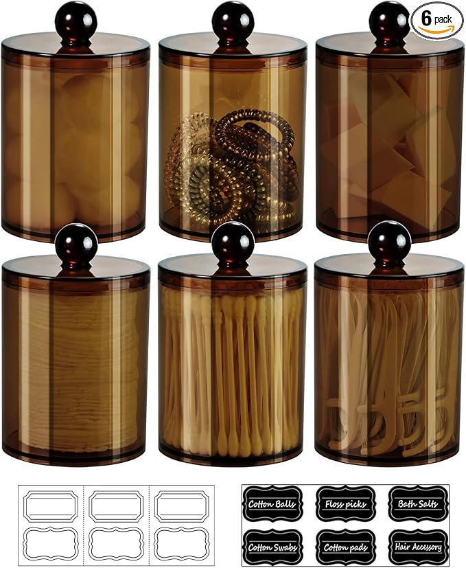 SheeChung 6 Pack Acrylic Qtip Holder,Apothecary Jars Set with Lids,10oz -12oz Clear Plastic Canister,Bathroom Vanity Organizer for Cotton Swabs,Balls,Pads,Modern Farmhouse Home Decor (Amber)