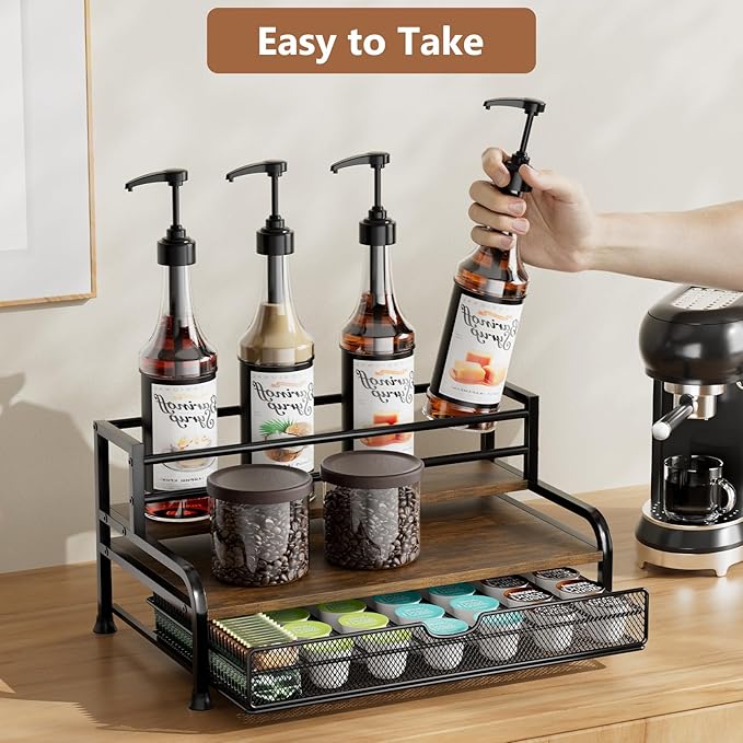 Coffee Syrup Rack Organizer, 3-Tier 8 Bottles Syrup Rack with 35 K Cup Storage Basket for Coffee Bar, Countertop Bottle Holder Stand for Wine, Dressing for Kitchen Cafe Station