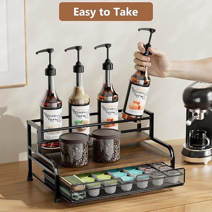 Coffee Syrup Rack Organizer, 3-Tier 8 Bottles Syrup Rack with 35 K Cup Storage Basket for Coffee Bar, Countertop Bottle Holder Stand for Wine, Dressing for Kitchen Cafe Station