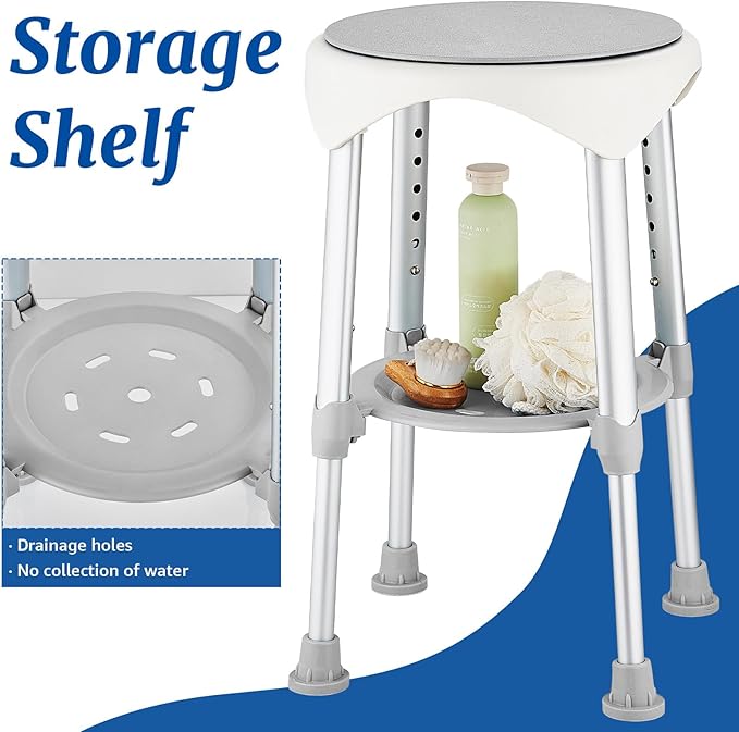 Shower Chair Stool for Inside Shower, Small Corner Plastic Stool for Shower 300 Lb,360° Swivel Bath Shower Seat for Seniors Adults Sitting, Adjustable Bathtub Stool with Storage Tray (Gray)