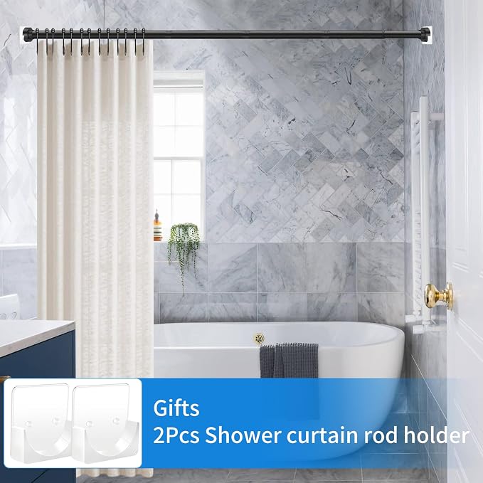 Tension Curtain Rod 34-120In(3-10Ft) with 2 Rod Holders, No Drilling Never Rust Long Shower Curtain Rod, Adjustable Spring Curtain Rod for Large Window or Outdoor Patio, Stainless steel, Matte Black