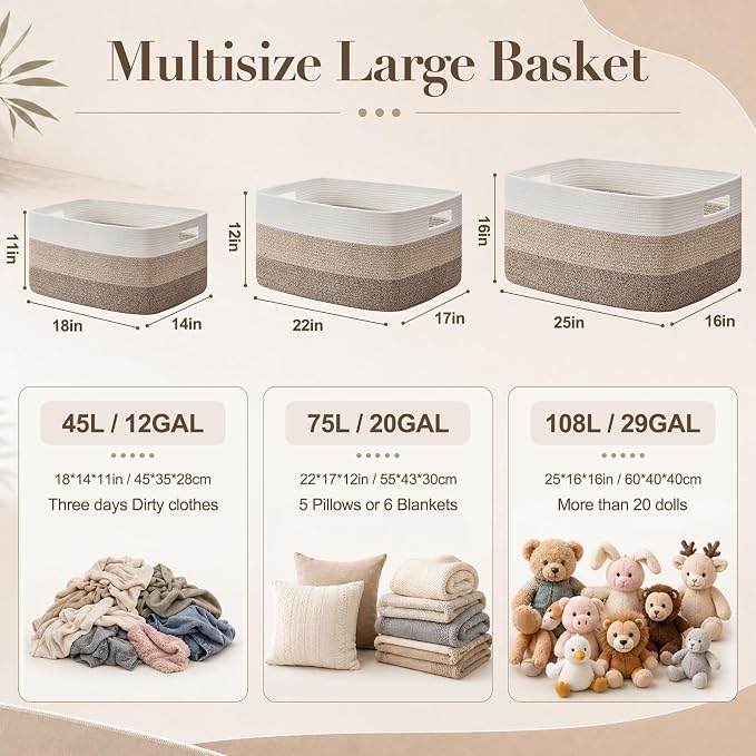OIAHOMY Large Blanket Basket, 22”x17”x12” Rectangle Woven Baskets, Nursery Blanket Storage Living Room, Toy Storage With Handle, Large Baskets for Organizing-Gradient Grey