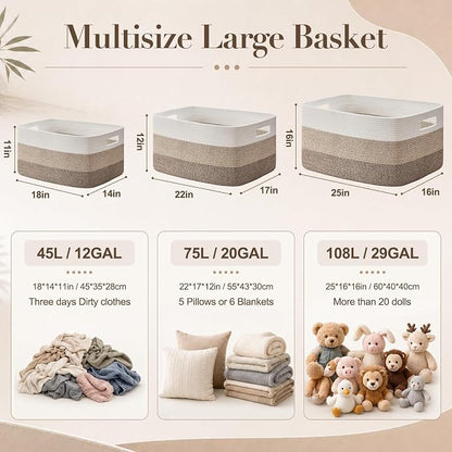 OIAHOMY Large Blanket Basket, 22”x17”x12” Rectangle Woven Baskets, Nursery Blanket Storage Living Room, Toy Storage With Handle, Large Baskets for Organizing-Gradient Grey