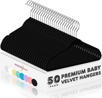 HOUSE DAY 11 Inch Velvet Baby Hangers 50 Pack Black, Premium Kids Hangers for Children/Infant/Toddler Clothes, Durable Non Slip Small Baby Felt Hanger for Closet, Ideal for Everyday Use