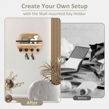 Nekon Key Holder for Wall - 9.8 Inch Apartment Wall Decor with Shelf and 8 Key Hooks, Circular Wood Key Hanger for Home Decor (Wood)