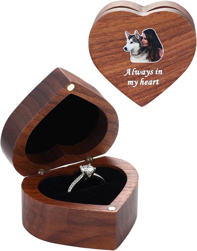 Custom4U Personalized Photo Wooden Ring Box Wedding Day Engagement Ring Holder with Name Vintage Ring Bearer Box for Ceremony Proposal Jewelry Gifts