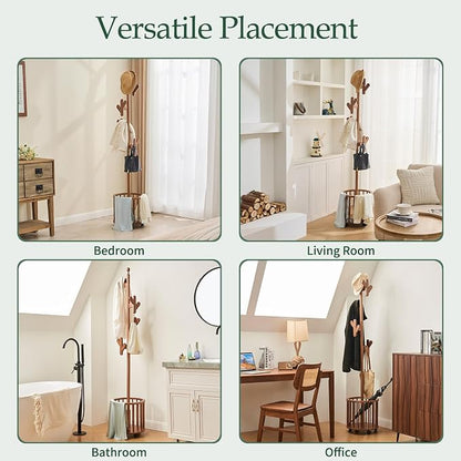 Wooden Coat Rack with Storage Basket & 12 Hooks - Freestanding Heavy Duty Rolling Coat Tree Stand with Wheels, Hat Hanger for Entryway, Hallway, Bedroom, Living Room Corner (Walnut)