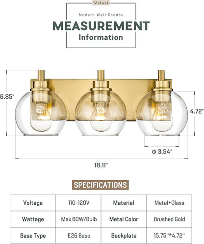 Bathroom Light Fixtures, 3-Light Brushed Gold Vanity Light, Modern Wall Sconces with Clear Glass Globe Shade, Bathroom Wall Lights for Mirror Kitchen Bedroom Hallway Living Room, VL195-GD-3