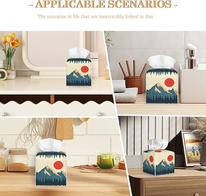 Tissue Box Cover,Boho Mountains Sun Leather Tissue Holder Organizer Portable Square Decorative Facial Paper Case for Home Office Bathroom Vanity Countertop