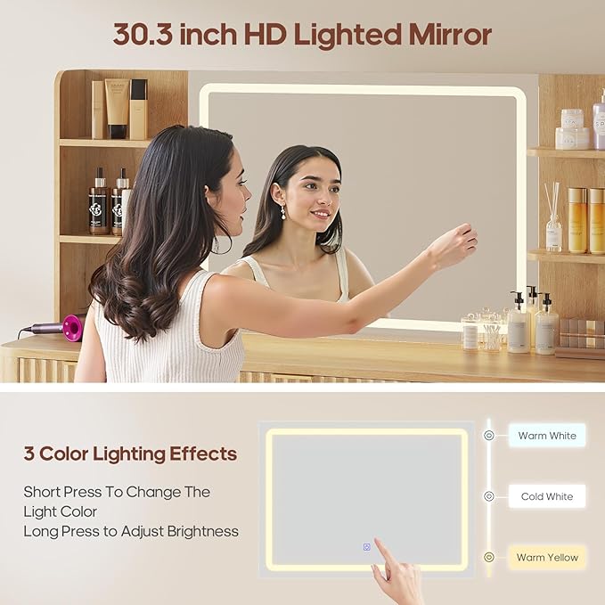 51.2" Fluted Makeup Vanity Desk with Large 30.3" Mirror and Lights, 5 Drawer Vanity with Power Strip, 6 Open Shelves, 2 Cabinet，Modern Dressing Table with Solid Wood Legs for Bedroom, Oak