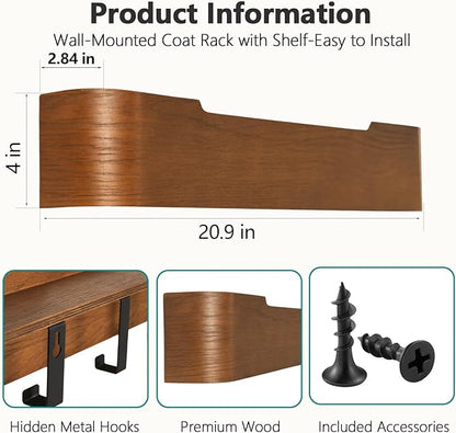 Coat Rack Wall Mount with Hidden Hooks Modern Key Holder Wood Entryway Hook with Shelf for Bedroom Kitchen Hallway Bathroom Designed for Hanging Coats Hats Bags Towel Dog Leashe(Walnut,5 Hooks)