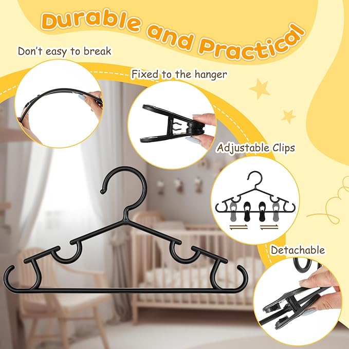 Hsei 5/10/40 Pack Baby Hangers with 10/20/80 Clips, Plastic Kids Pants Hangers for Nursery Closet Top and Bottom Clothes Hanger Set for Newborn Infant Toddler(120 Packs Total,Black,10.6 Inch)