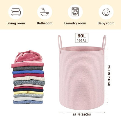 OIAHOMY Large Laundry Basket Hamper - 60L Cotton Rope Woven Basket for Blankets, Toys, Clothes - Tall Decorative Nursery Hamper with Long Handles, Pink