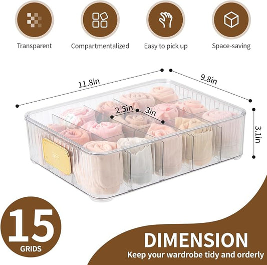 Sock Organizer for Drawer, 15 Compartments Detachable Plastic Underwear Drawer Organizer with Lid for Closet, Compartment Storage Ideal for Socks, Bras, Ties, and Scarves (Sock)