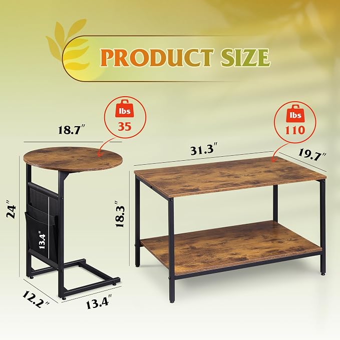 WLIVE Coffee Table, Small Coffee Tables for Living Room, Modern Center Table and Side Table Set with Storage Side Pouch for Bedroom, Apartment, Rustic Brown