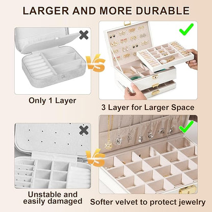 Yoobao Jewelry Organizer Box for Women, 3 Layer Large Jewelry Case with Removable Tray for Earrings Necklaces Rings Bracelets, Double Lock, Ideal Present for Christmas Valentine Mother's Day