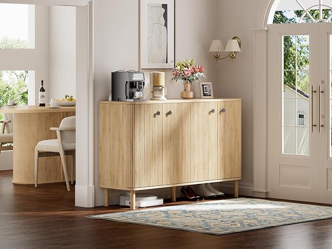 Fluted Sideboard Cabinet, Modern Buffet Cabinet, Storage Cabinet with Adjustable Shelves & Solid Wood Legs, Accent Credenza Sideboard for Kitchen, Coffee Bar, Living Room, Entryway, Hallway