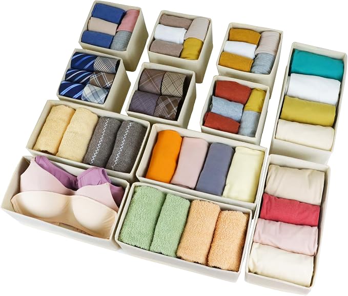 Fordonral Drawer Organizer Clothes, Foldable Fabric Dresser Organizer Closet Organizers and Storage Box for Underwear,Folded Clothes,Baby Clothing,Socks,Bra,Towels,Ties(6M+6S,Beige)