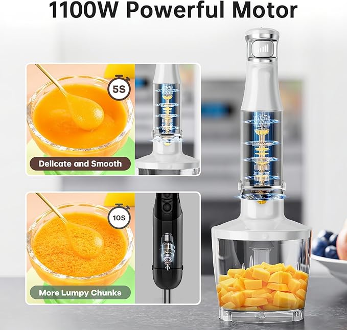 Turelar Immersion Blender Handheld Corded Hand Blenders Set 1100W, Trigger Variable Speed 5 in 1 Stick Emulsifier with Chopper, Whisk and Frother for Soup, Baby Food and Smoothies, White