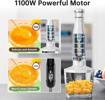 Turelar Immersion Blender Handheld Corded Hand Blenders Set 1100W, Trigger Variable Speed 5 in 1 Stick Emulsifier with Chopper, Whisk and Frother for Soup, Baby Food and Smoothies, White