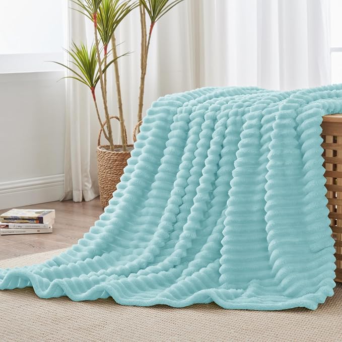 BEDELITE Fleece Throw Blanket for Couch - 300GSM Soft & Warm Fluffy Cloud Blue Blanket, Decorative and Giftable Striped Blankets for Women, Men, 50"x60"