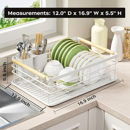 Dish Racks for Kitchen Counter: Wooden Handles, Thickened Metal, No Assembly. Small Dish Drying Rack: Ideal for Small Households. Drying Rack Kitchen: White