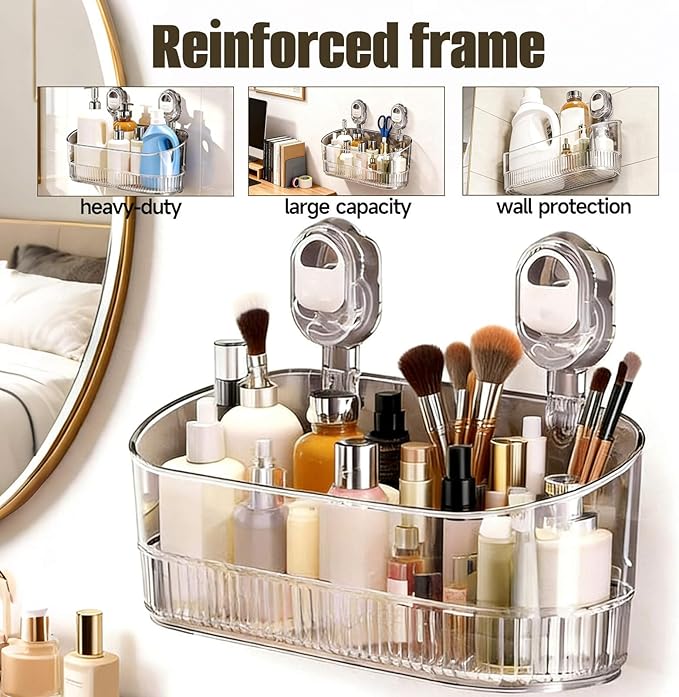 No-Drill Bathroom Suction Storage Box, Large Capacity Suction Cup Shower Shelf and Removable No Drill Storage Basket with Drain Holes, Strong Hold Wall Organizer for Bathroom Shower Kitchen Sink