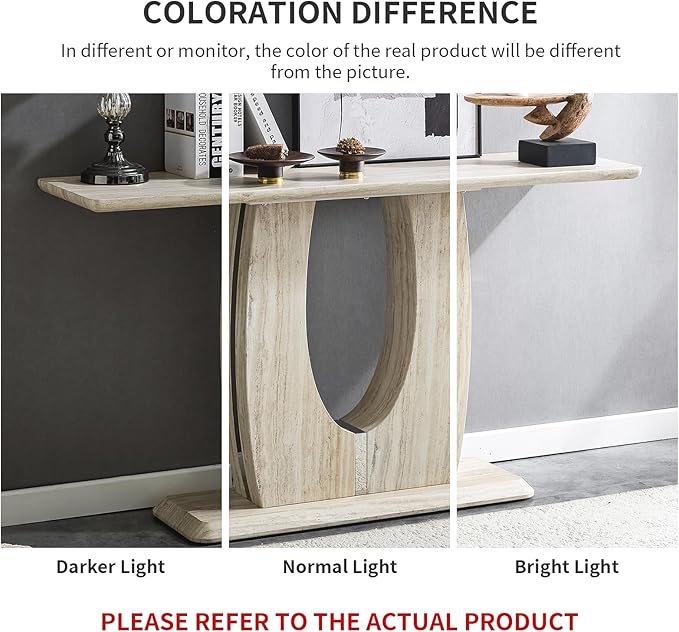 55" Console Table for Entryway, Narrow Sofa Entrance Table with Faux Mars Marble Pattern, Modern Sofa Tables with U-Shaped Base for Living Room, Hallway, Foyer, Home Office, Beige Dark