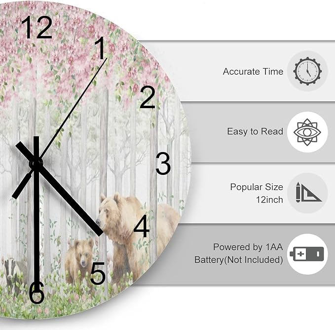 Forest Wall Clock Silent Non Ticking Battery Operated, Cartoon Nature Forest Flower Animal Bear, Deer, Fox, Rabbit Clock Decorative for Bathroom Kitchen Bedroom Living Room(12 Inch)