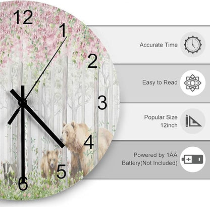Forest Wall Clock Silent Non Ticking Battery Operated, Cartoon Nature Forest Flower Animal Bear, Deer, Fox, Rabbit Clock Decorative for Bathroom Kitchen Bedroom Living Room(12 Inch)