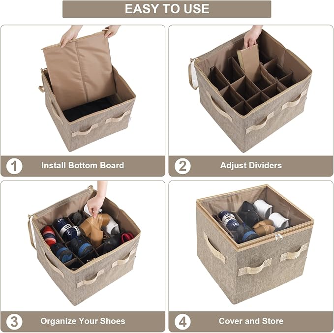 Moteph Shoe Organizer for Closet - Shoe Storage Organizer for Closet Organization with Clear Cover & Adjustable Dividers, Shoe Rack & Basket - (Light Brown, Small - 12 Pairs)
