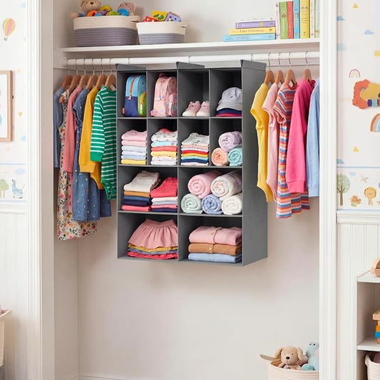 Ofiray-home 4 Tier Hanging Closet Organizer, 12 Compartments Sweater Organizer for Closet with 3 Sturdy Hooks, Closet Organizers and Storage, Wardrobe, Rv, Garment Rack, Grey