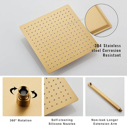 SaniteModar Brushed Gold Shower Head System 12 Inch Square Rainfall Shower Head with Handheld Shower Vaval and Trim Kit Wall Mounted Shower Faucet Set, Brushed Gold Shower Head