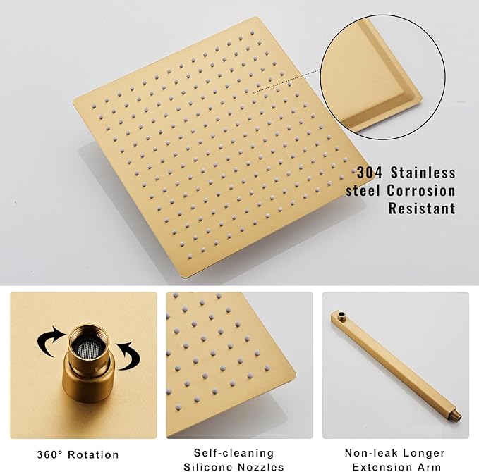 SaniteModar Shower Head, 10 Inch Bathroom Shower System, Multi-function Rainfall Square Shower Head, Wall Mounted Shower System Shower Head Trim Kit, Brushed Gold
