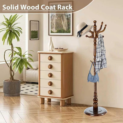 Solid Wooden Coat Rack Stand, Coat Racks Freestanding with 14 Hooks, Natural Birch Wood Coat stands with Sturdy Round Base, Tree Coat Hanger Standing for Entryway Bedroom Office (Walnut disc)