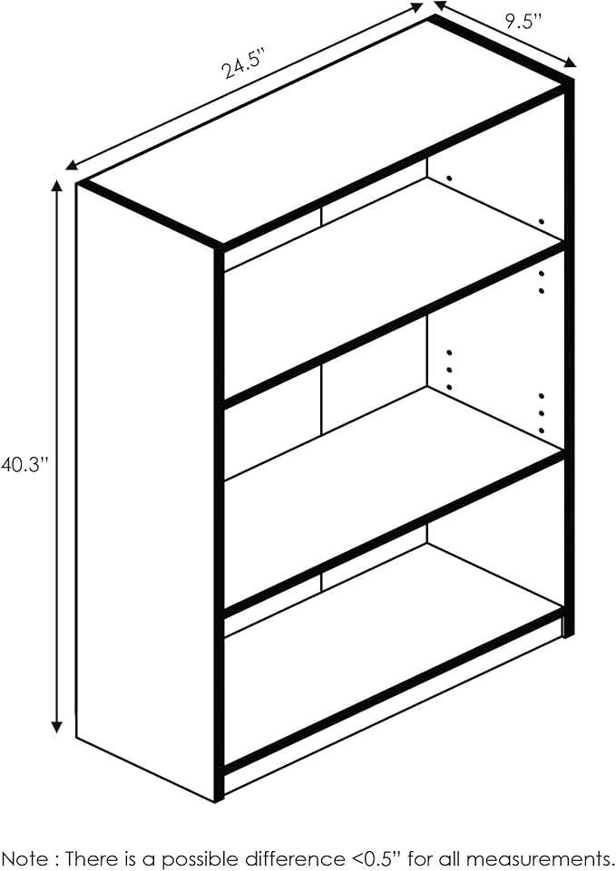 Furinno Jaya Book Shelf, 3-Tier Bookshelf, Bookcase with Adjustable Shelves, 9.5 x 24.5 x 40.3, for Living Room, Bedroom, Home Office, Grey Oak