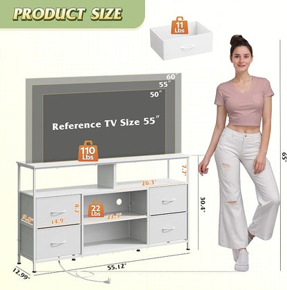 WLIVE TV Stand Dresser for 50,55,60 inch TV, Entertainment Center with LED Lights & Fabric Drawers, Dresser TV Stand for Bedroom and Living Room with Open Shelves, White