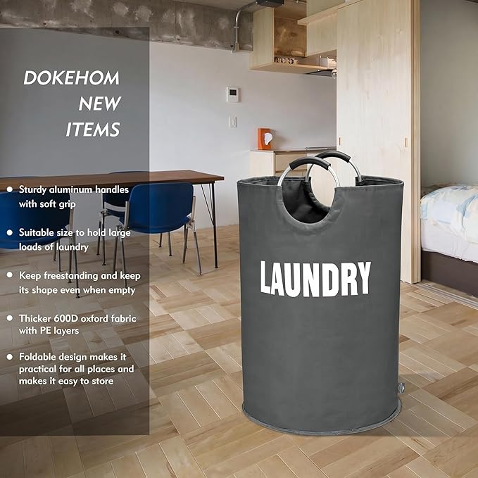 DOKEHOM 160L XX-Large Laundry Basket (7 Colors), Collapsible Laundry Bag, Foldable Laundry Hamper, Folding Washing Bin (Dark Grey, XXL)