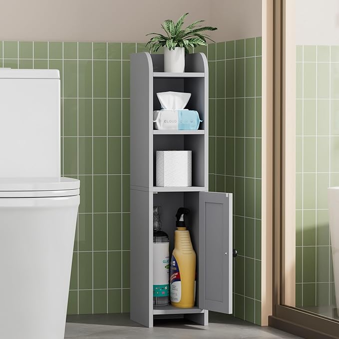Homhedy Small Bathroom Storage Corner Floor Cabinet with Door and Shelves, Beside The Toilet Paper Stand for Skinny, Narrow Toilet Paper Cabinet, 7.9" D x 7.1" W x 31" H, Gray