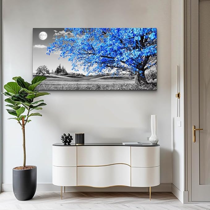 large wall art for living room Blue moon tree landscape Abstract painting office bedroom Wall Decor 30" x 60" single Pieces Canvas Prints Ready to Hang for Home Decoration Black and white Works of art